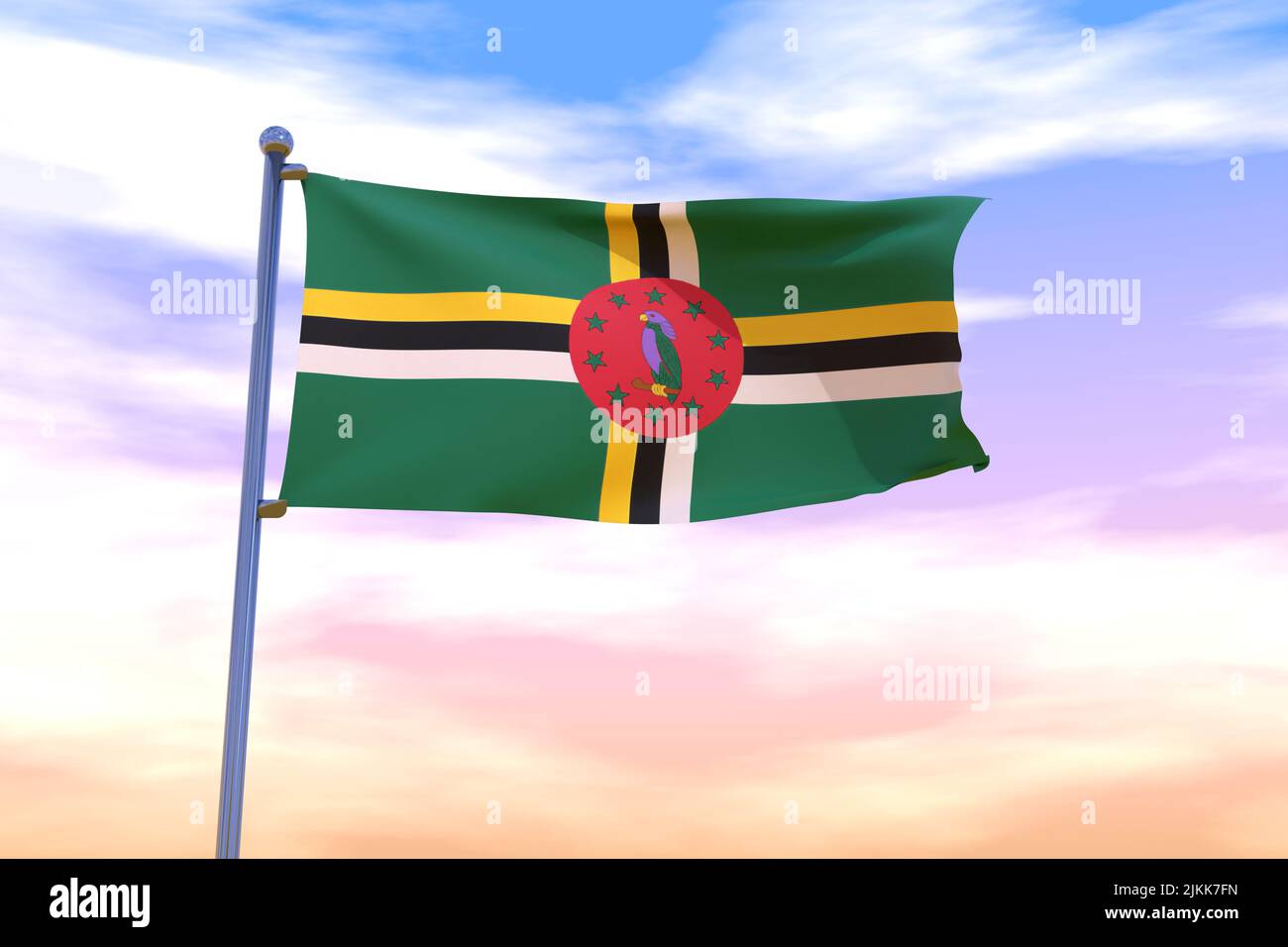 Waving flag of Dominica with chrome flag pole in blue sky waving in the ...
