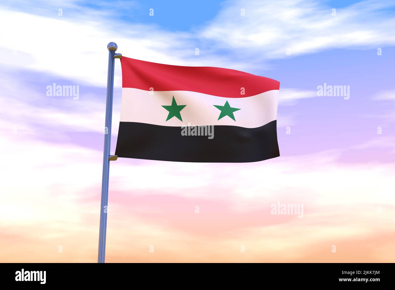 Waving flag of Syrian Arab Republic with chrome flag pole in blue sky waving in the wind. High resolution flag with clarity. 3D illustration Stock Photo