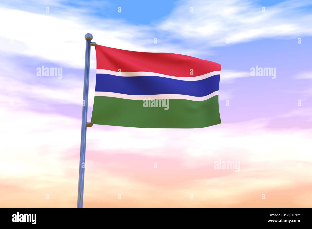 Waving flag of Gambia with chrome flag pole in blue sky waving in the ...