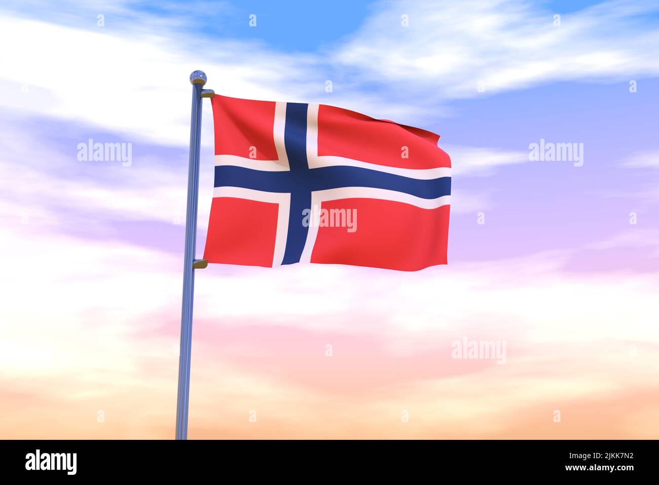 Waving flag of Norway with chrome flag pole in blue sky waving in the ...