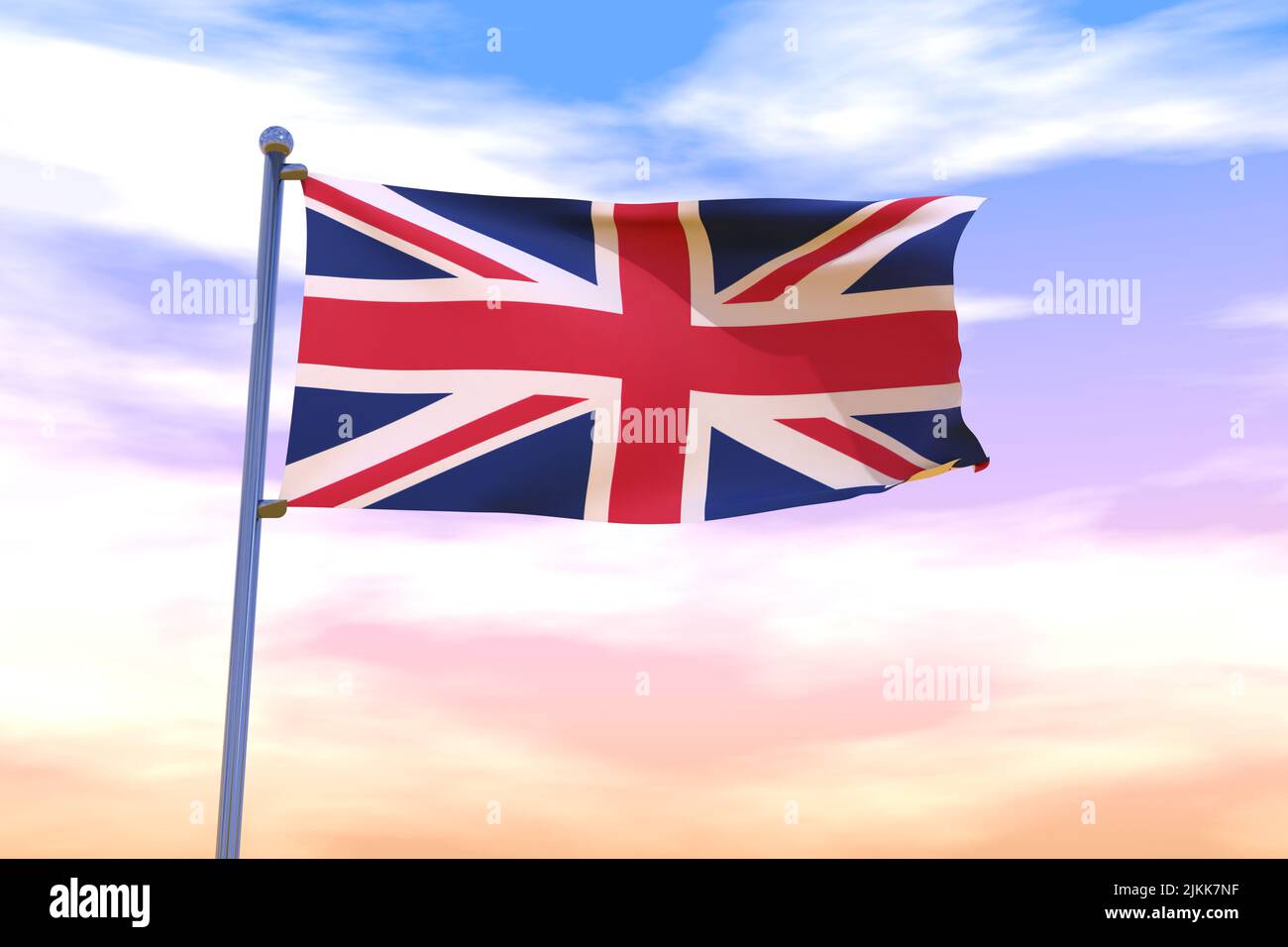 Waving flag of United Kingdom with chrome flag pole in blue sky waving ...