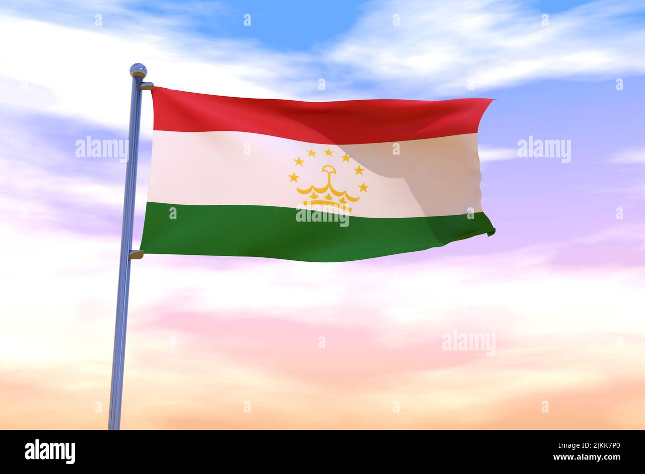 Waving flag of Tajikistan with chrome flag pole in blue sky waving in the wind. High resolution flag with clarity. 3D illustration Stock Photo