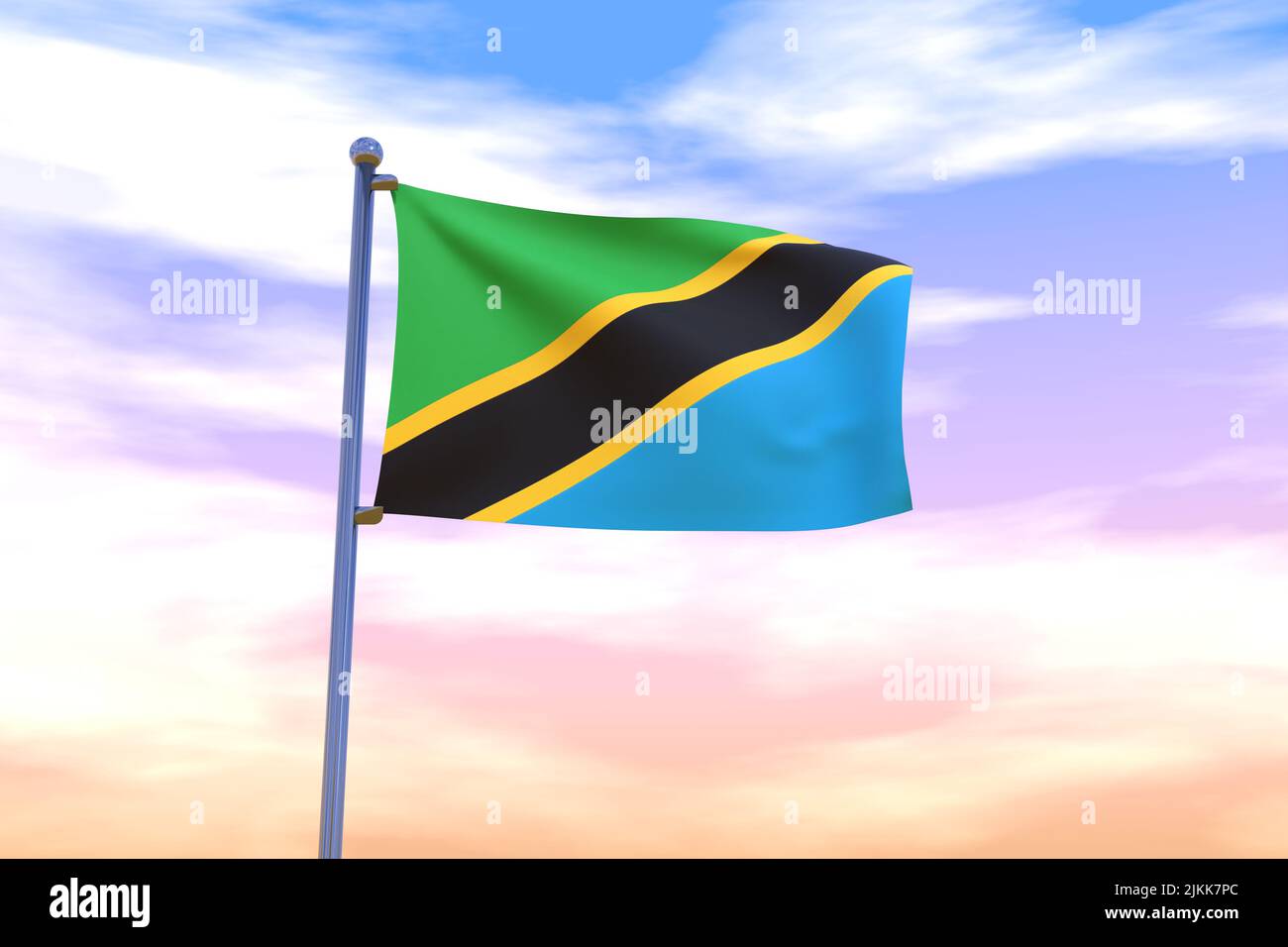 Waving flag of Tanzania with chrome flag pole in blue sky waving in the ...