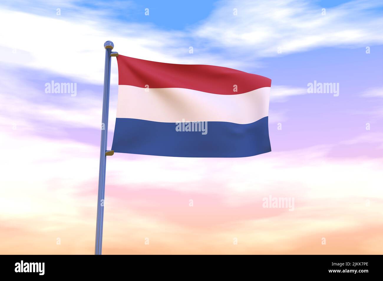 Waving flag of Netherlands with chrome flag pole in blue sky waving in ...