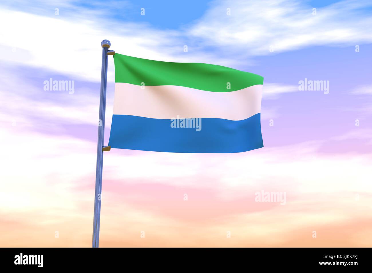 Waving flag of Sierra Leone with chrome flag pole in blue sky waving in ...