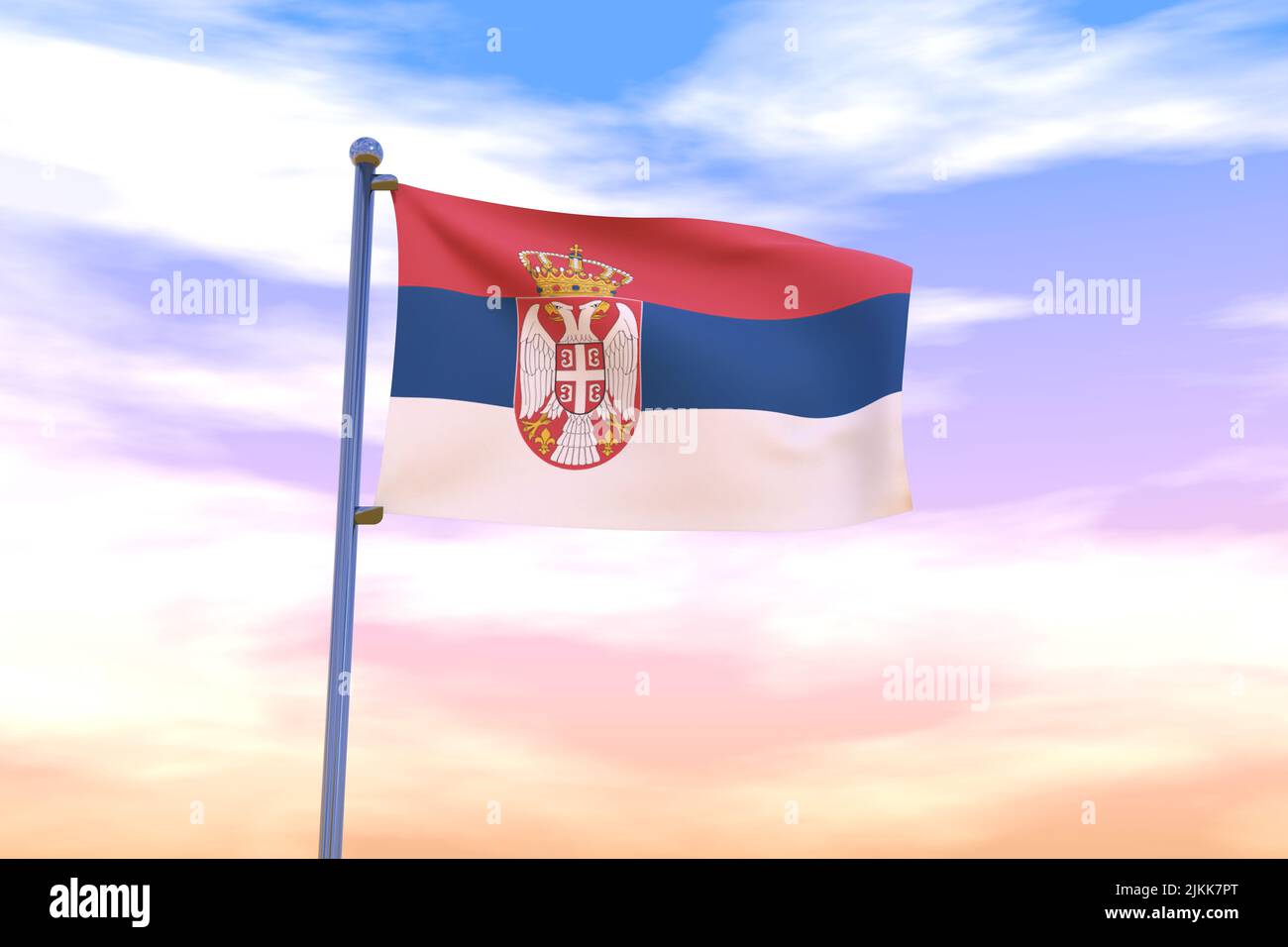 Waving flag of Serbia with chrome flag pole in blue sky waving in the ...