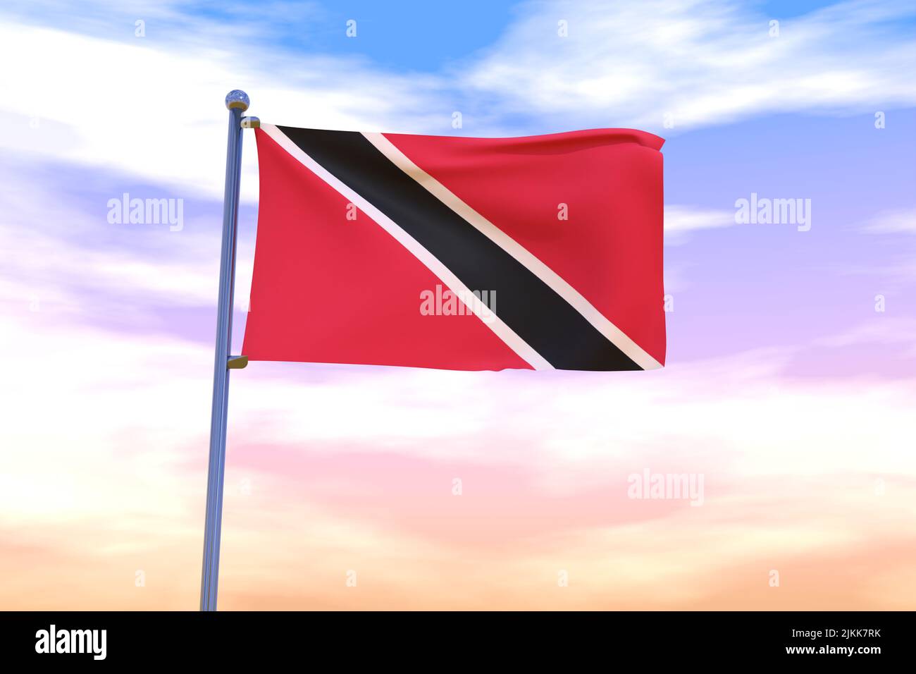 Waving Flag Of Trinidad And Tobago With Chrome Flag Pole In Blue Sky Waving In The Wind High 1401