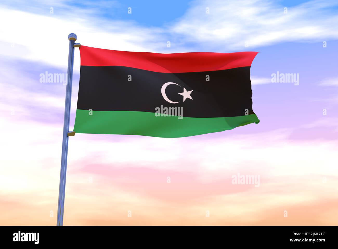 Waving flag of Libya with chrome flag pole in blue sky waving in the ...