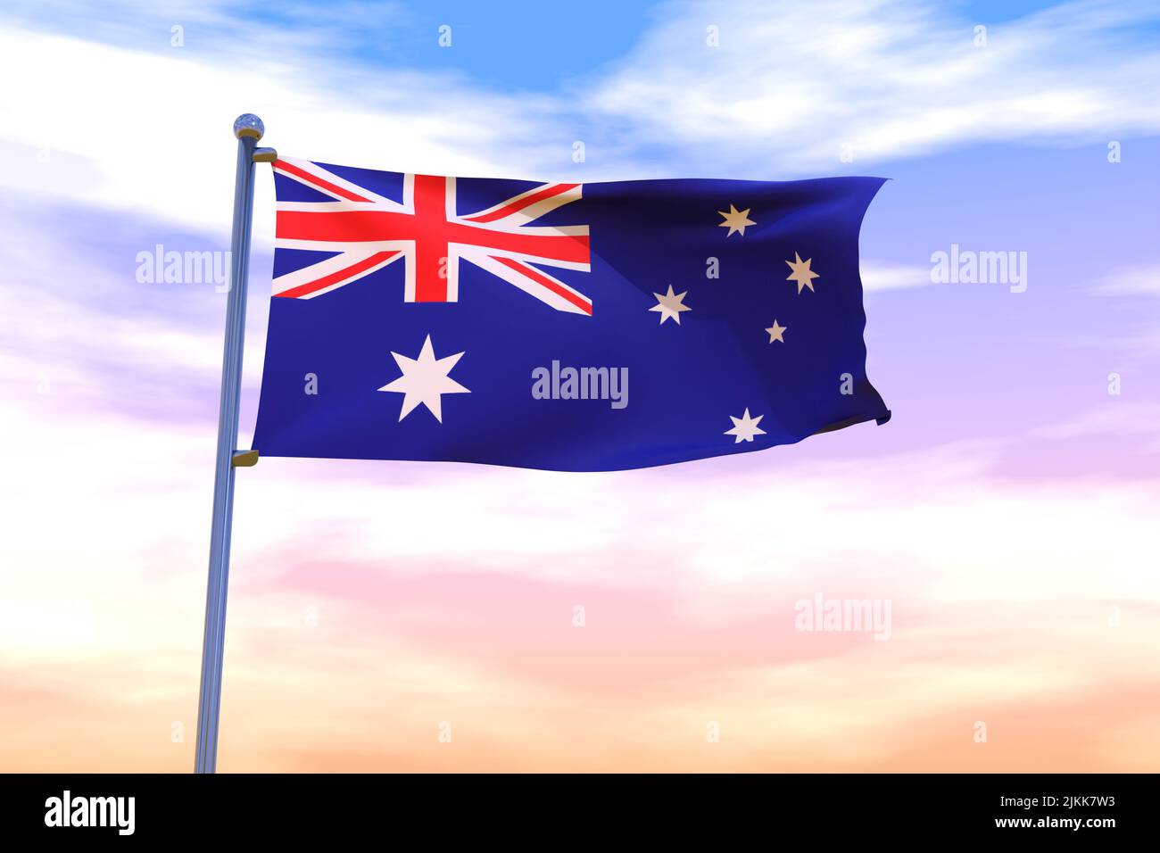 Waving flag of Heard Island and McDonald Islands with chrome flag pole in blue sky waving in the wind. High resolution flag with clarity. 3D illustrat Stock Photo