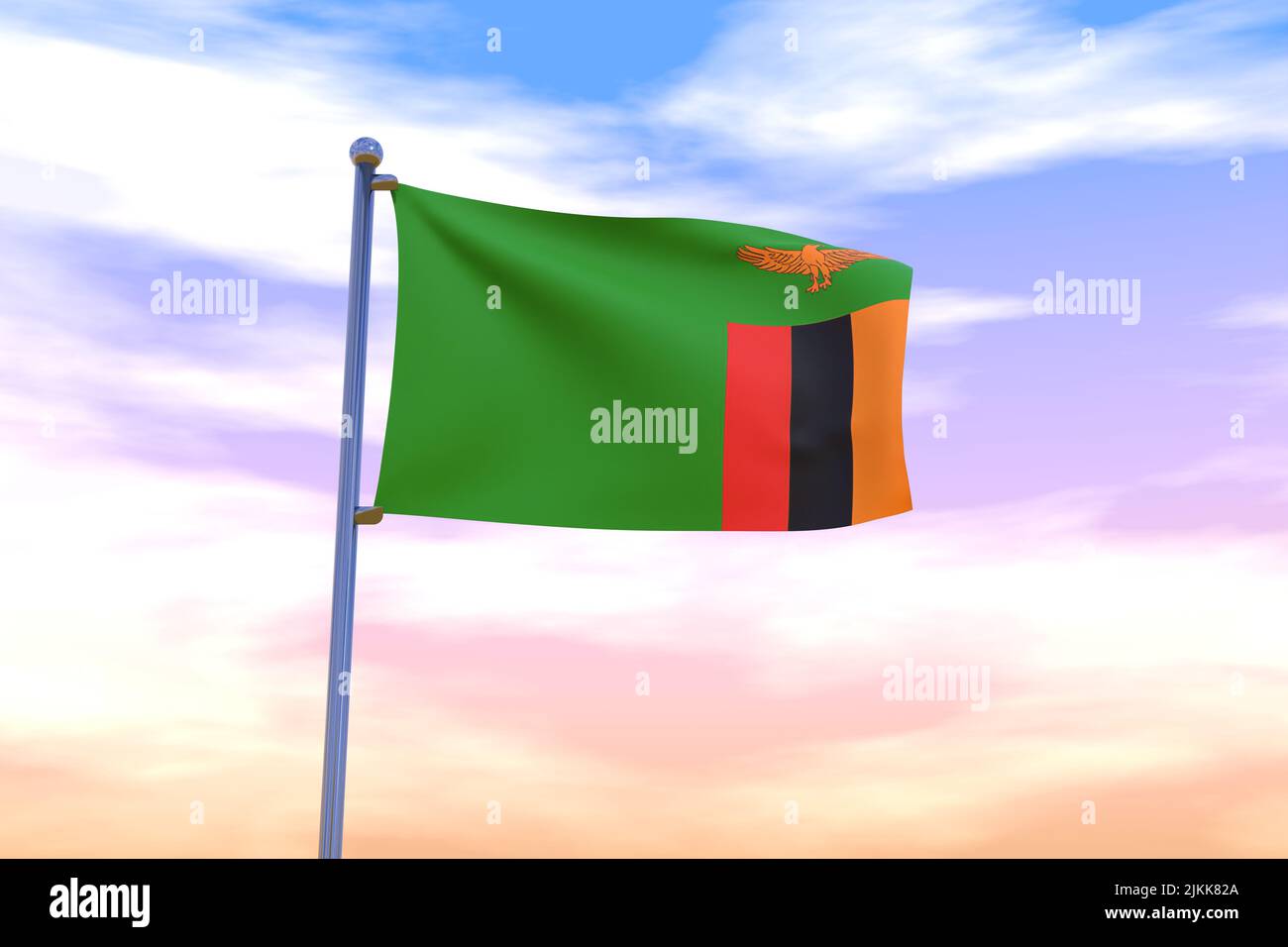Waving flag of Zambia with chrome flag pole in blue sky waving in the ...