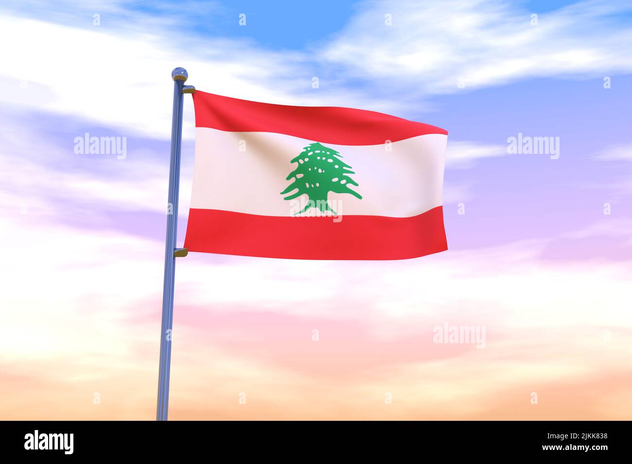 Waving flag of Lebanon with chrome flag pole in blue sky waving in the ...