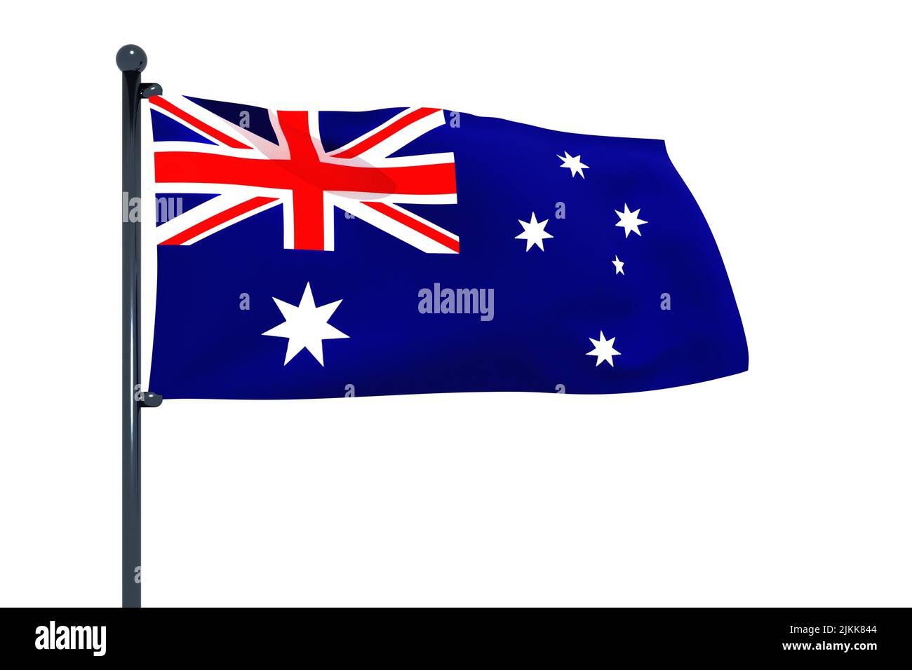 3D illustration of flag of Heard Island and McDonald Islands with chrome flag pole with snap hooks Waving in blue sky. White background via an alpha c Stock Photo