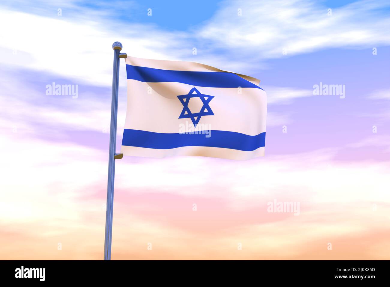 Waving flag of Israel with chrome flag pole in blue sky waving in the ...