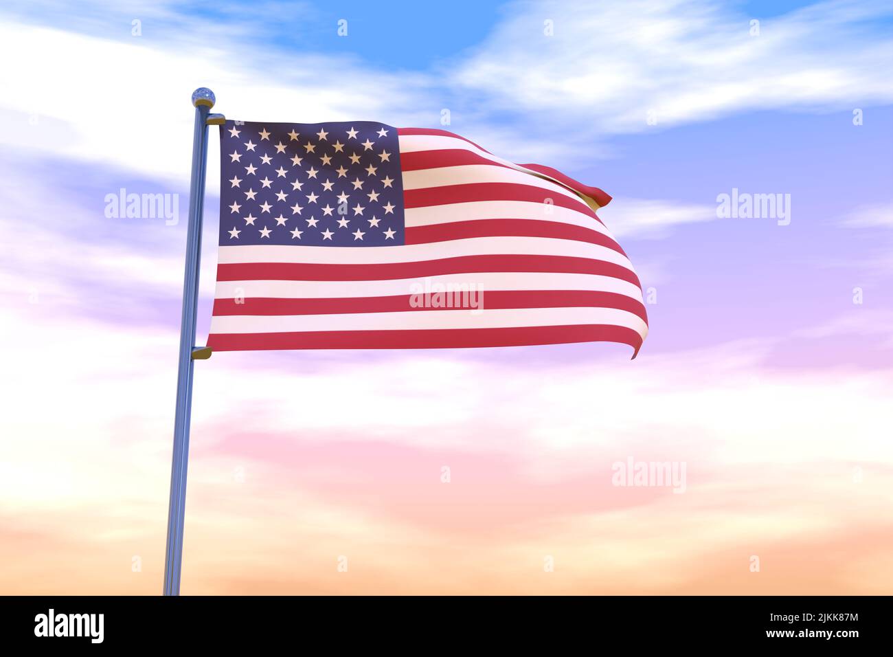 Waving flag of United States with chrome flag pole in blue sky waving ...