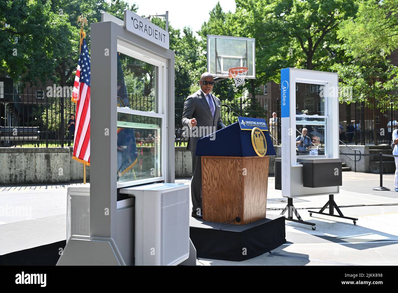 Mayor Eric Adams makes a housing and clean energy announcement at the