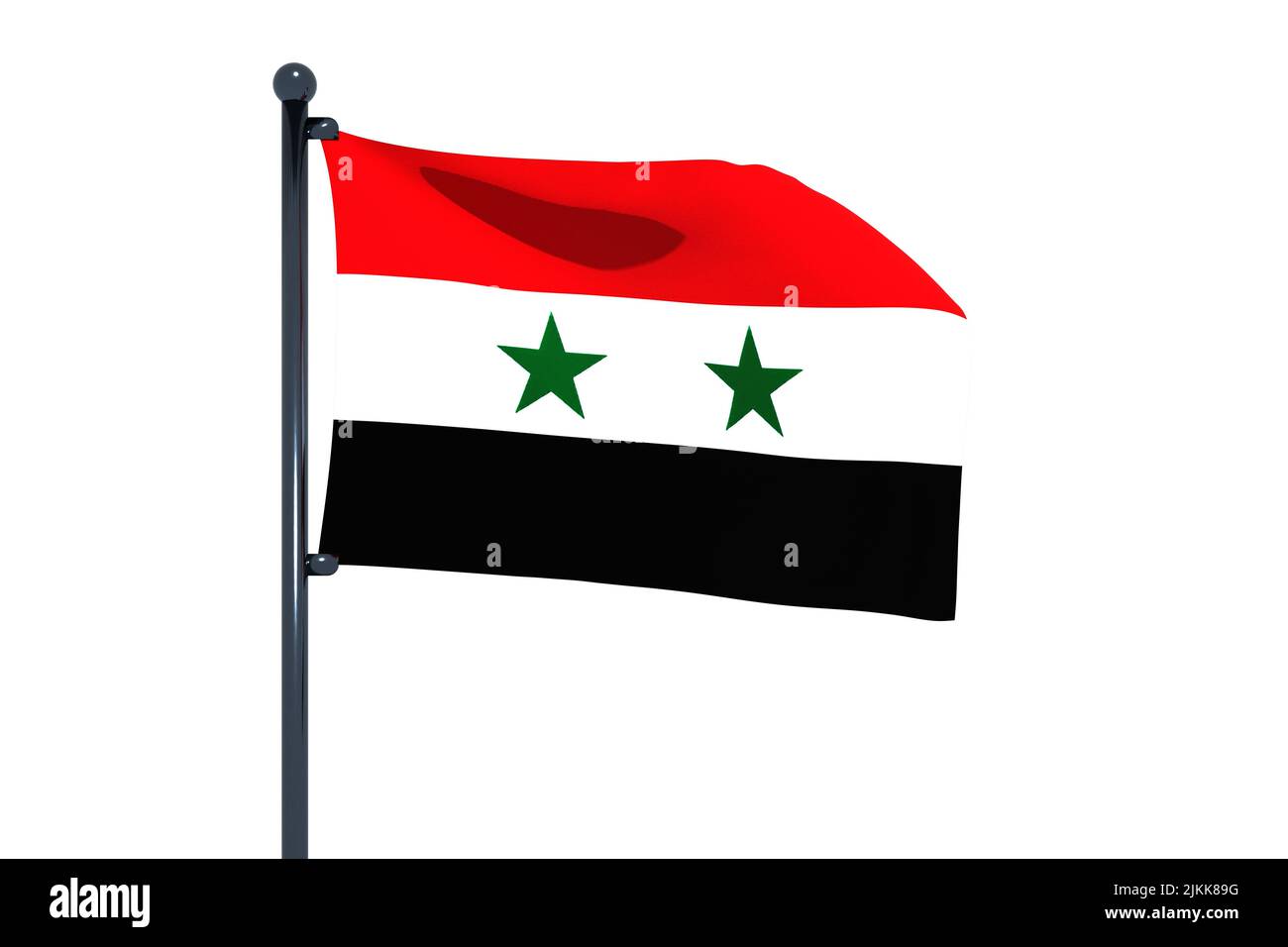 3D illustration of flag of Syrian Arab Republic with chrome flag pole with snap hooks Waving in blue sky. White background via an alpha channel of gre Stock Photo