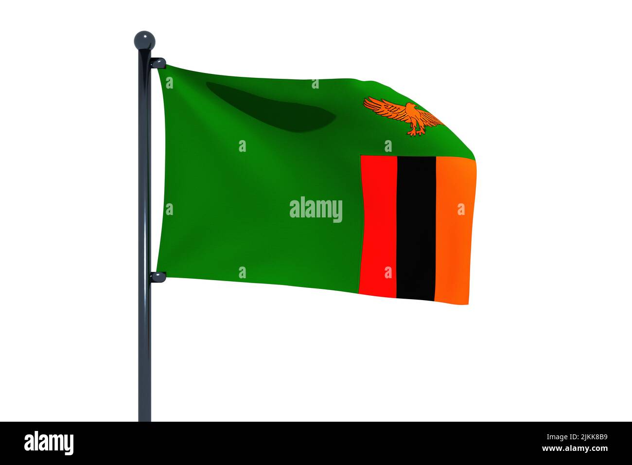 3D illustration of flag of Zambia with chrome flag pole with snap hooks ...