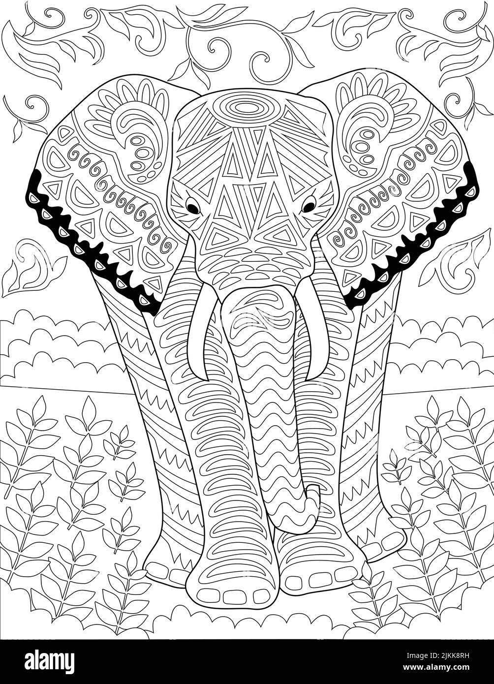 Coloring Book Page With Big Detailed Elephant Walking Forward On Grass