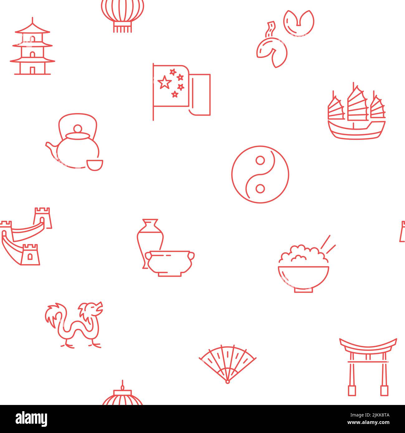 China seamless pattern in line style. Chinese culture traditional symbols. Vector illustration. Stock Vector