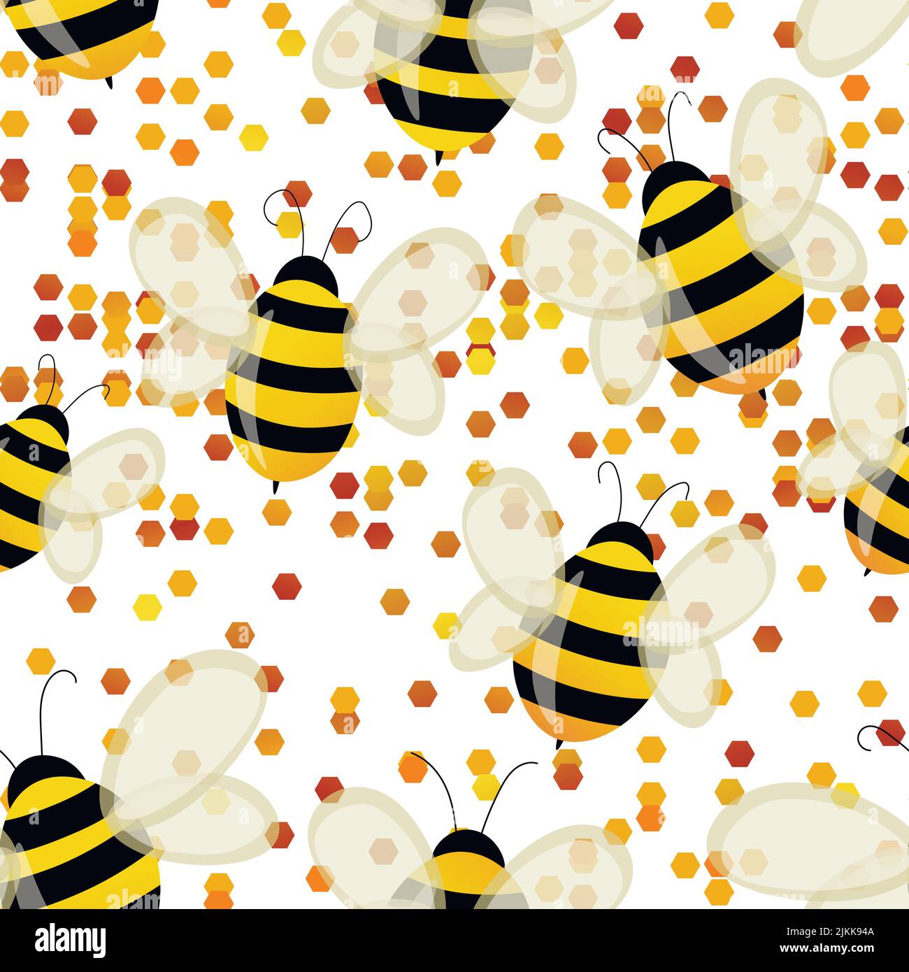 Seamless pattern with bees on white honeycomb background. Small wasp ...