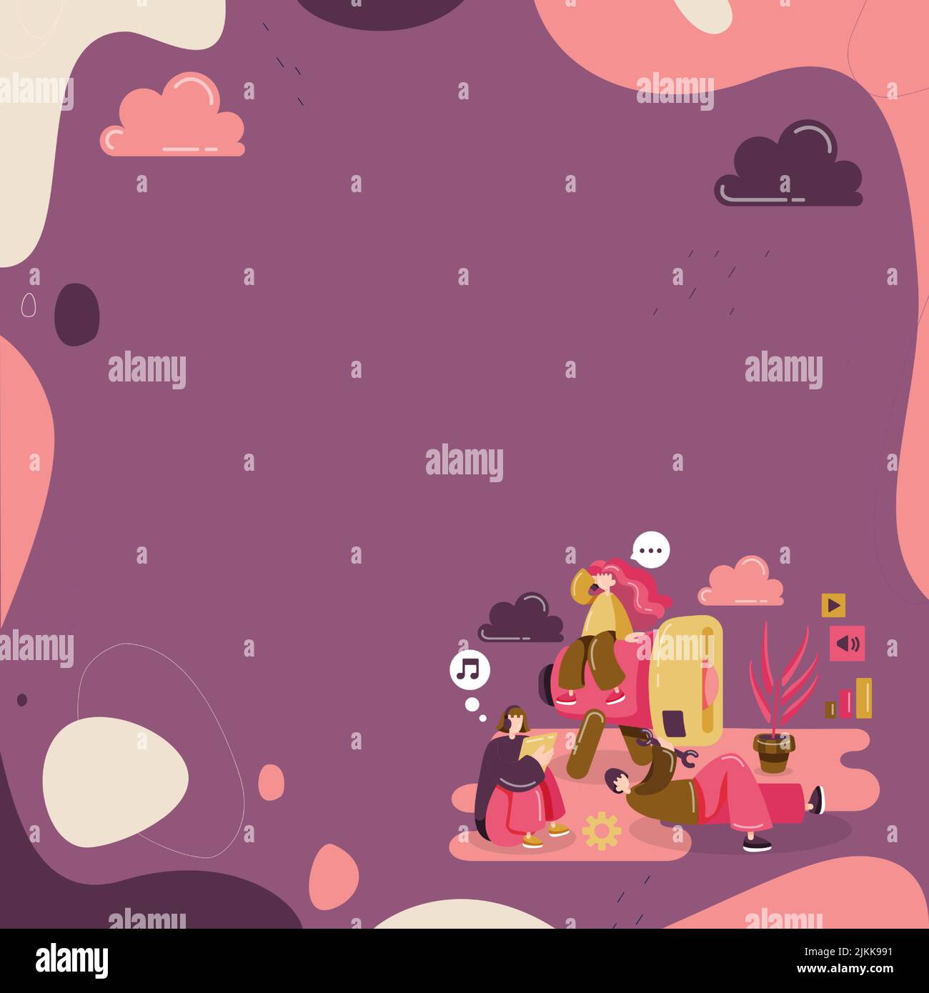 Illustration Group Relaxing Listening Music Fixing Megaphone. Three