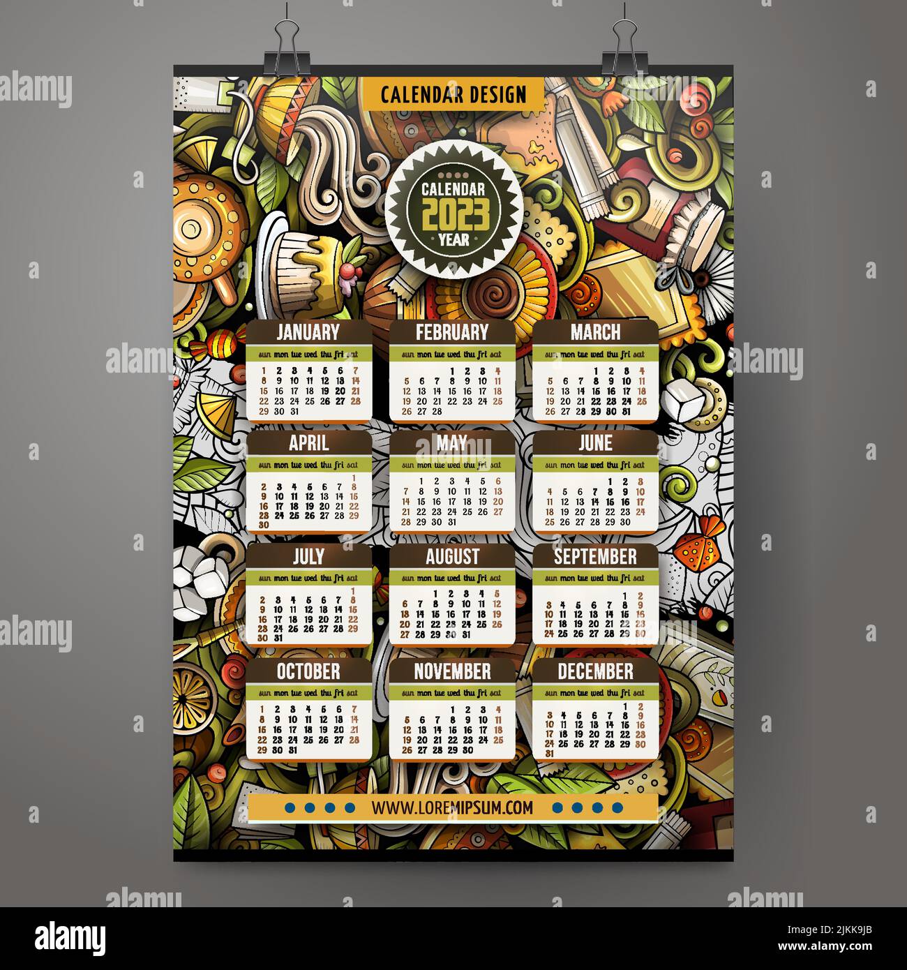 Cartoon colorful doodles Tea time 2023 year calendar Stock Vector Image &  Art - Alamy