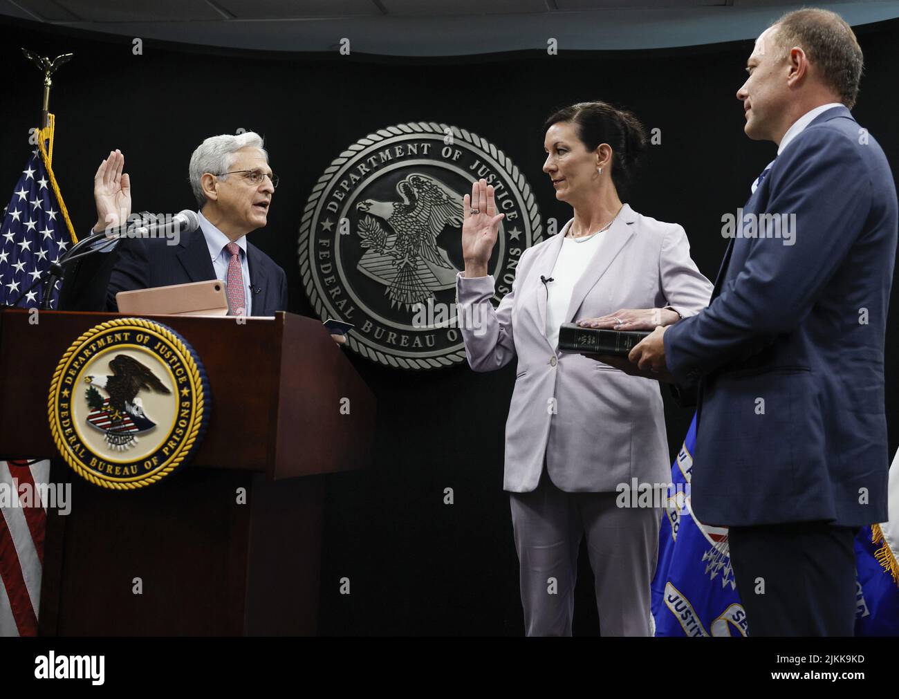 Washington, United States. 02nd Aug, 2022. U.S. Attorney General Merrick Garland swears in the new Bureau of Prisons (BOP) Director Colette Peters at BOP headquarters in Washington, on Tuesday, August 2, 2022. Pool Photo by Evelyn Hockstein/UPI Credit: UPI/Alamy Live News Stock Photo