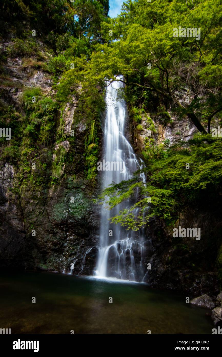 A vertical shot of beautiful waterfall flowing from mossy and rocky ...