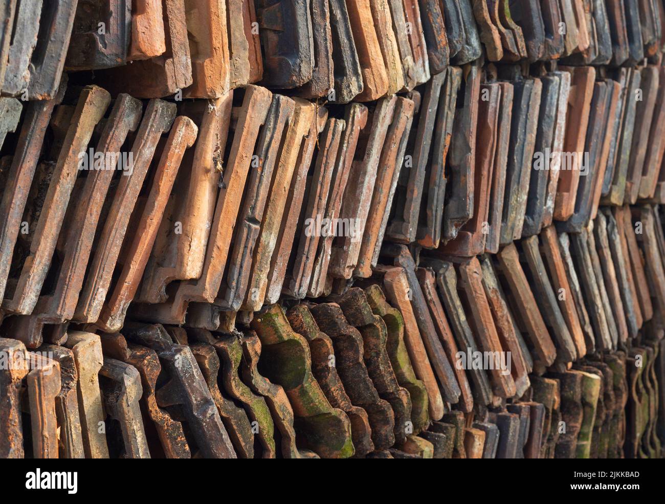 A closeup shot of a big number of roofing tiles in a daytime in Sri Lanka Stock Photo