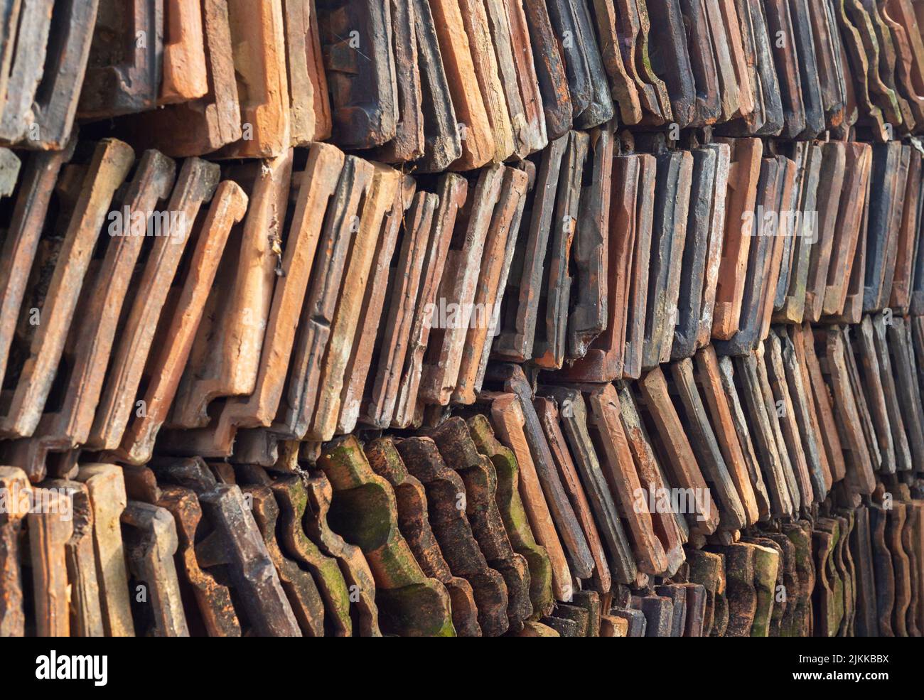 A closeup shot of a big number of roofing tiles in a daytime in Sri Lanka Stock Photo