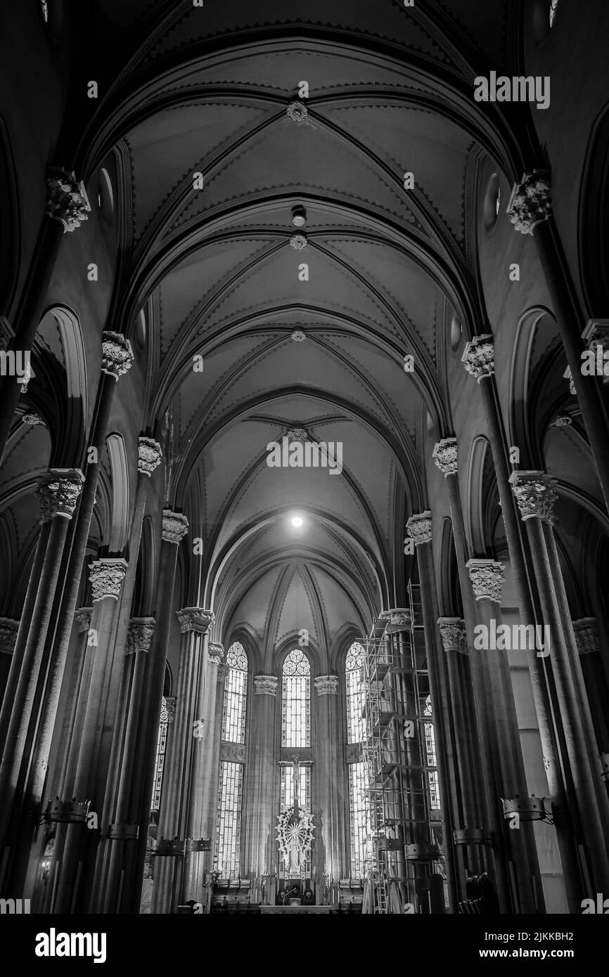 The greyscale gothic cathedral interior Stock Photo