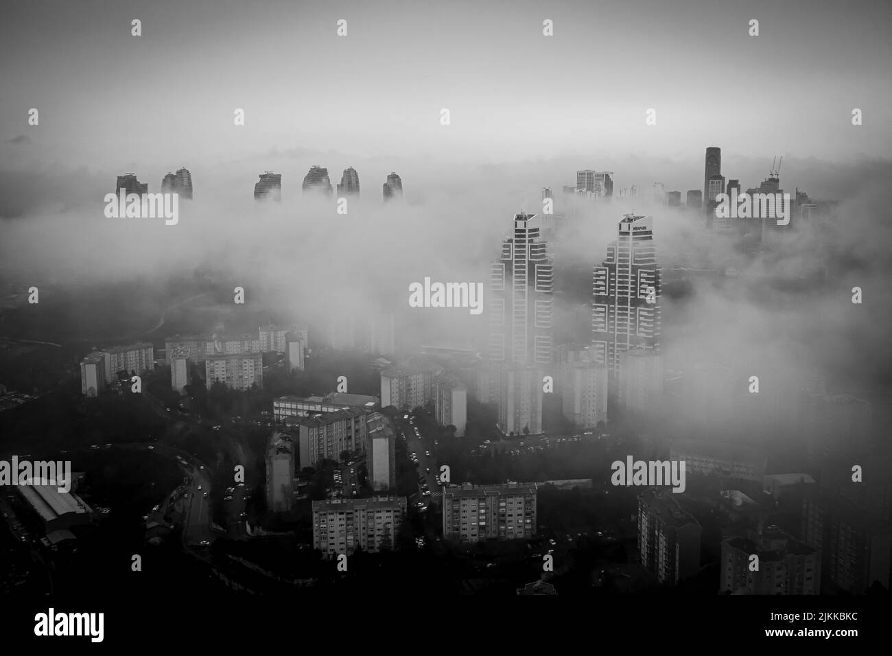 The aerial view of the buildings in Istanbul, Turkey under the fog Stock Photo
