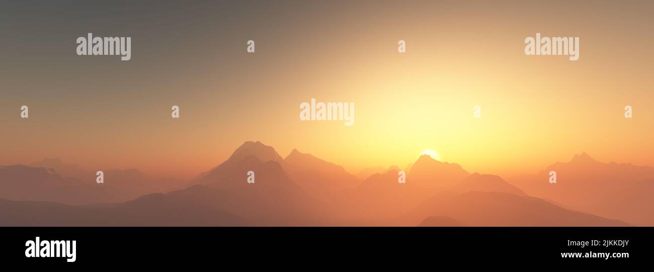 A panoramic view of a mountain range covered in clouds at sunset Stock Photo