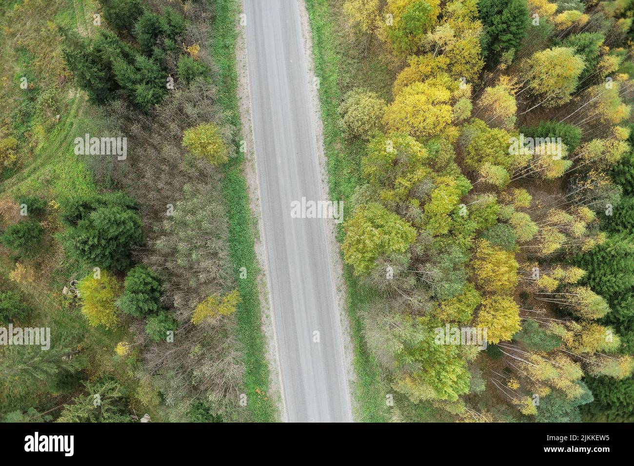 An aerial view of an asphalt road going through green field with ...