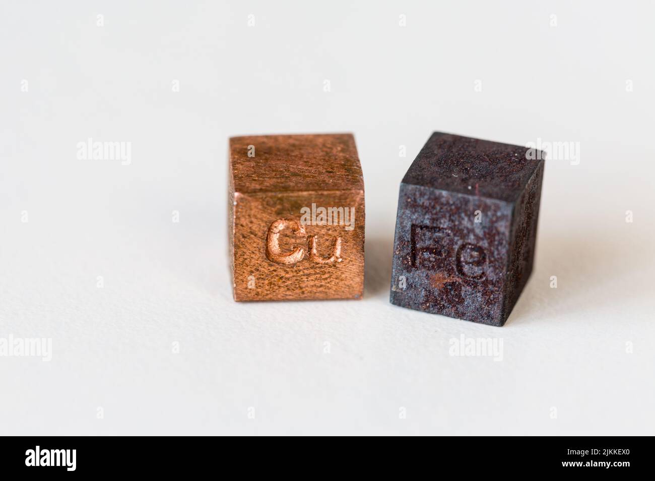 Iron and copper cubes with elements names on them on cream background
