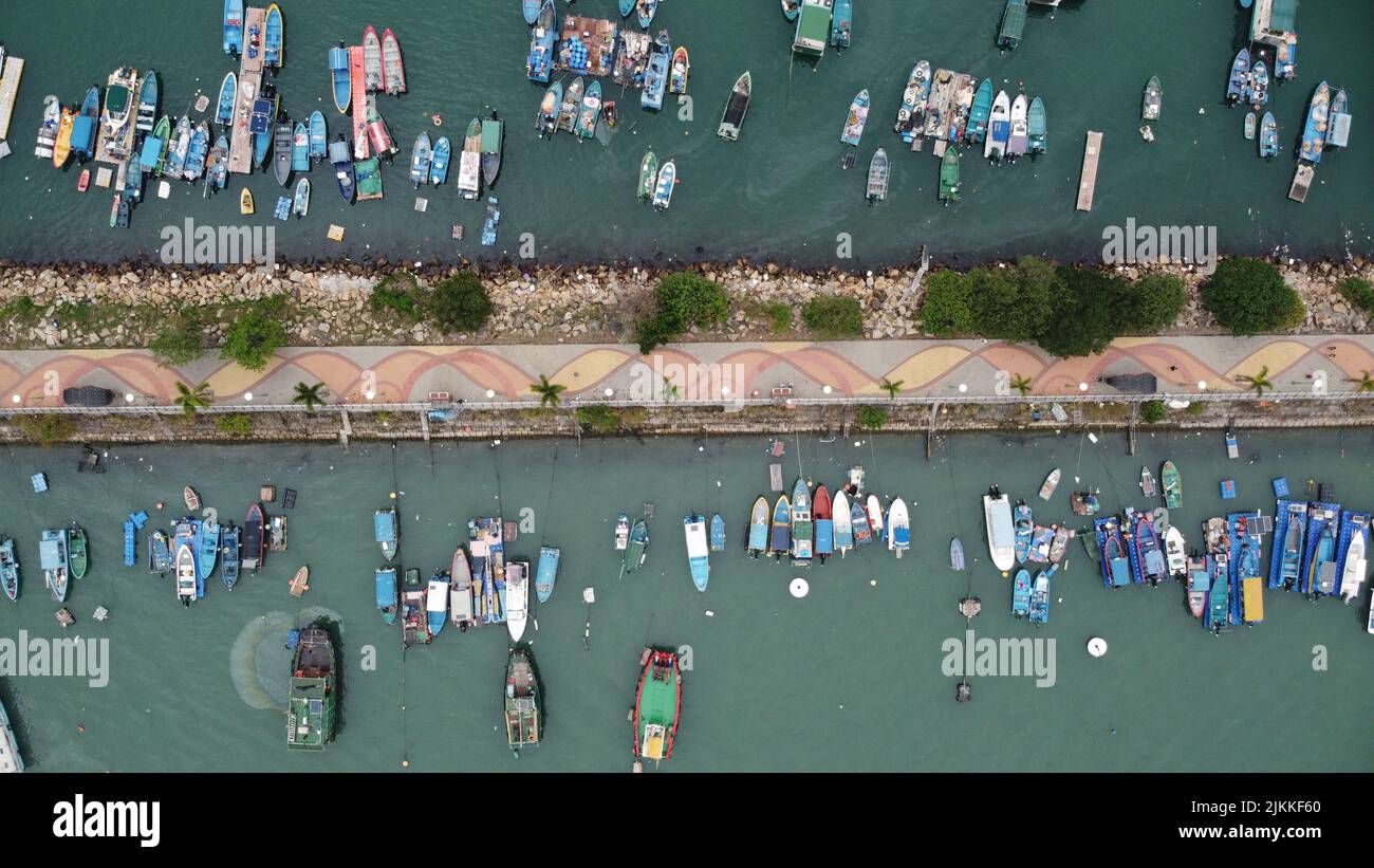 An aerial view of fishing boats parked in a harbor Stock Photo - Alamy