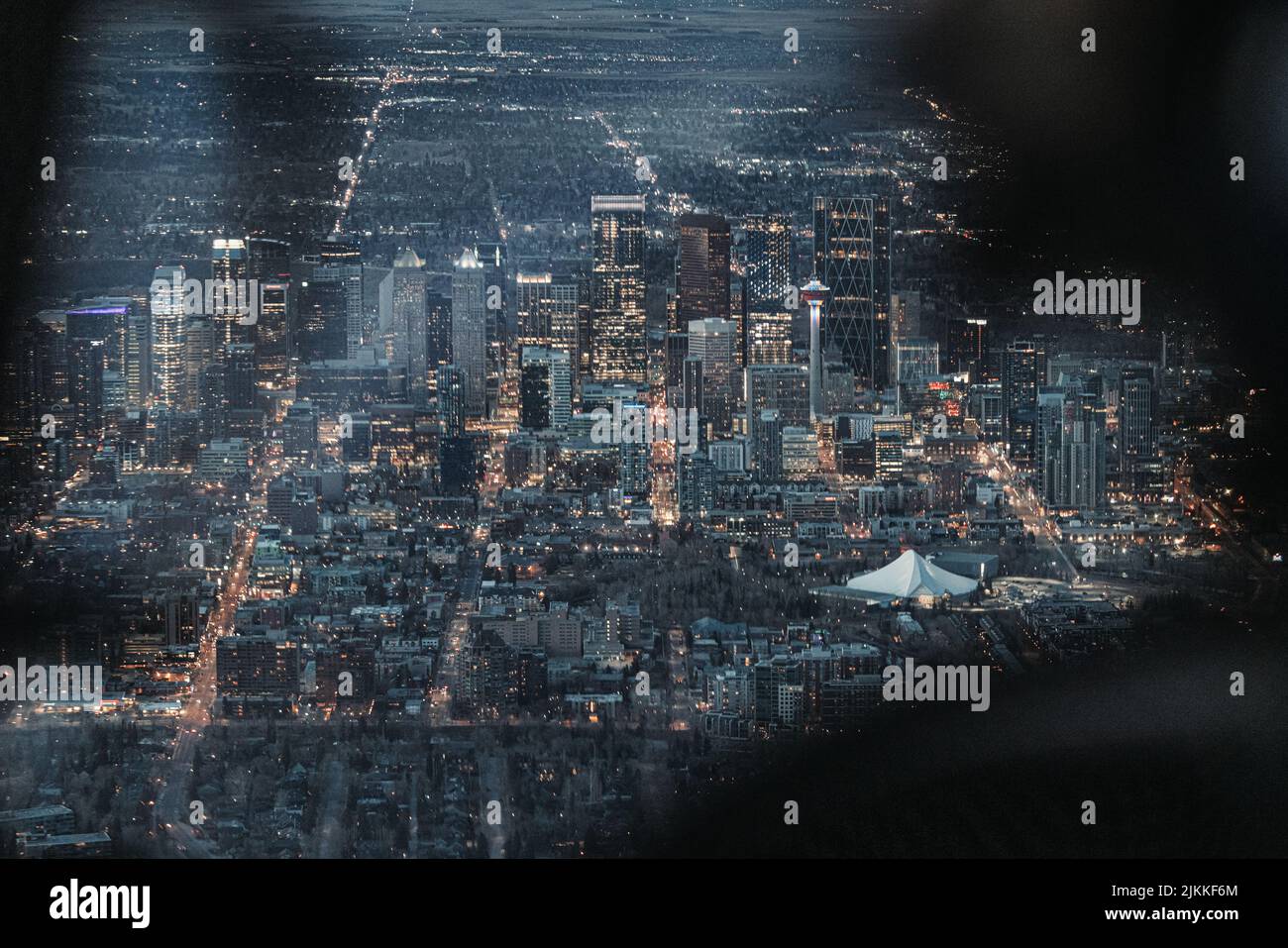 Aerial view of the downtown core and surrounding area at night. Stock Photo