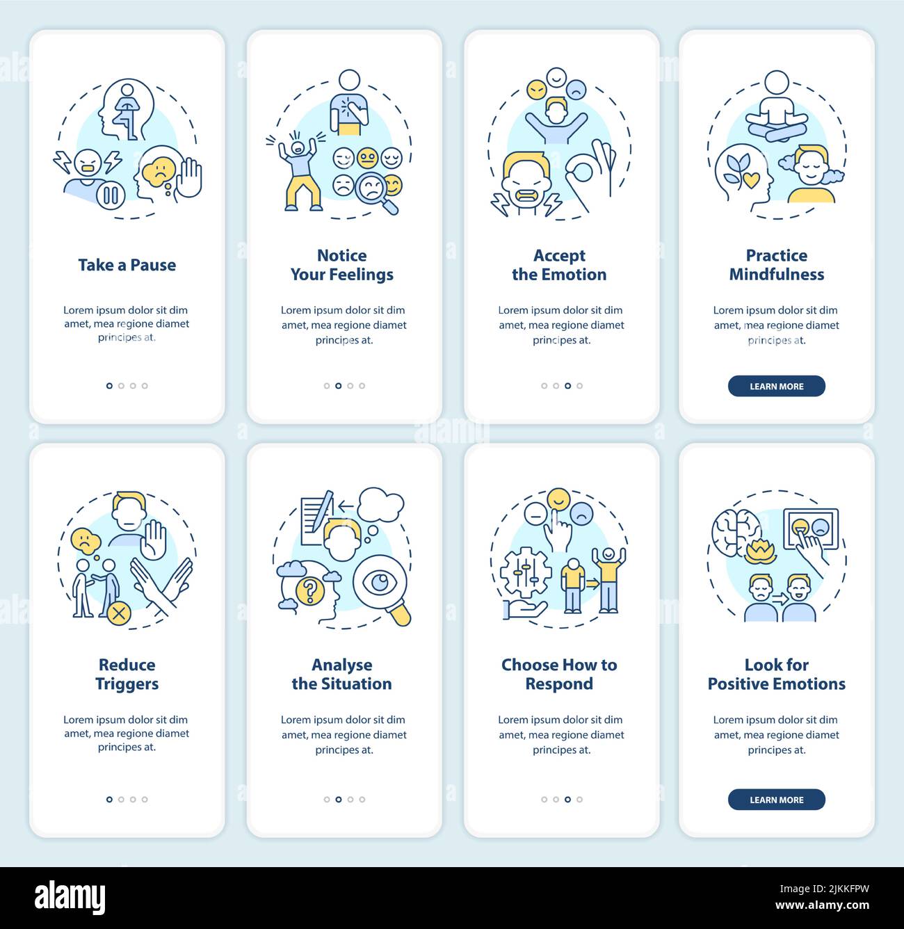 Emotional regulation onboarding mobile app screen set Stock Vector ...