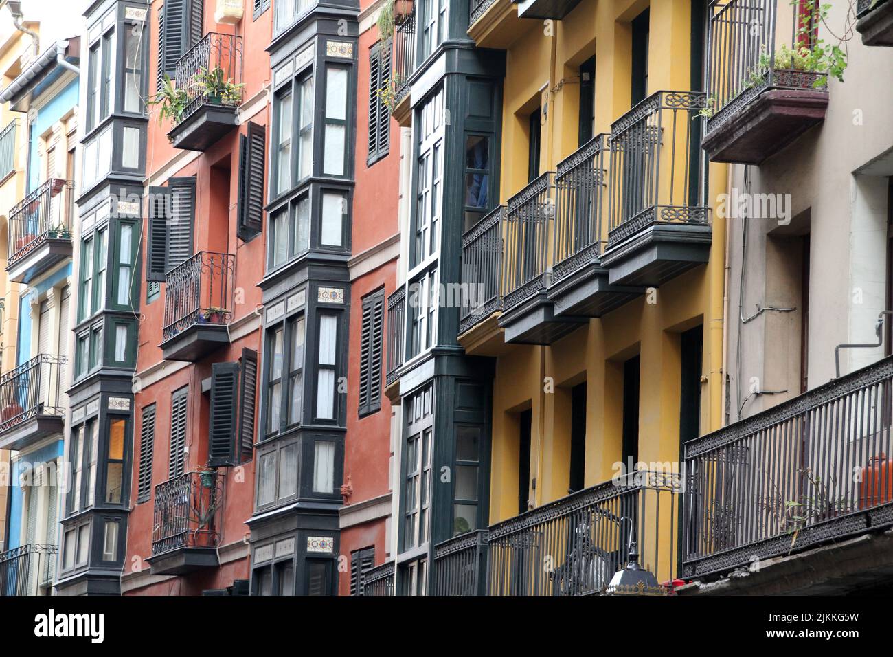 A modern colorful facades and balconies of the buildings in Bilbao ...
