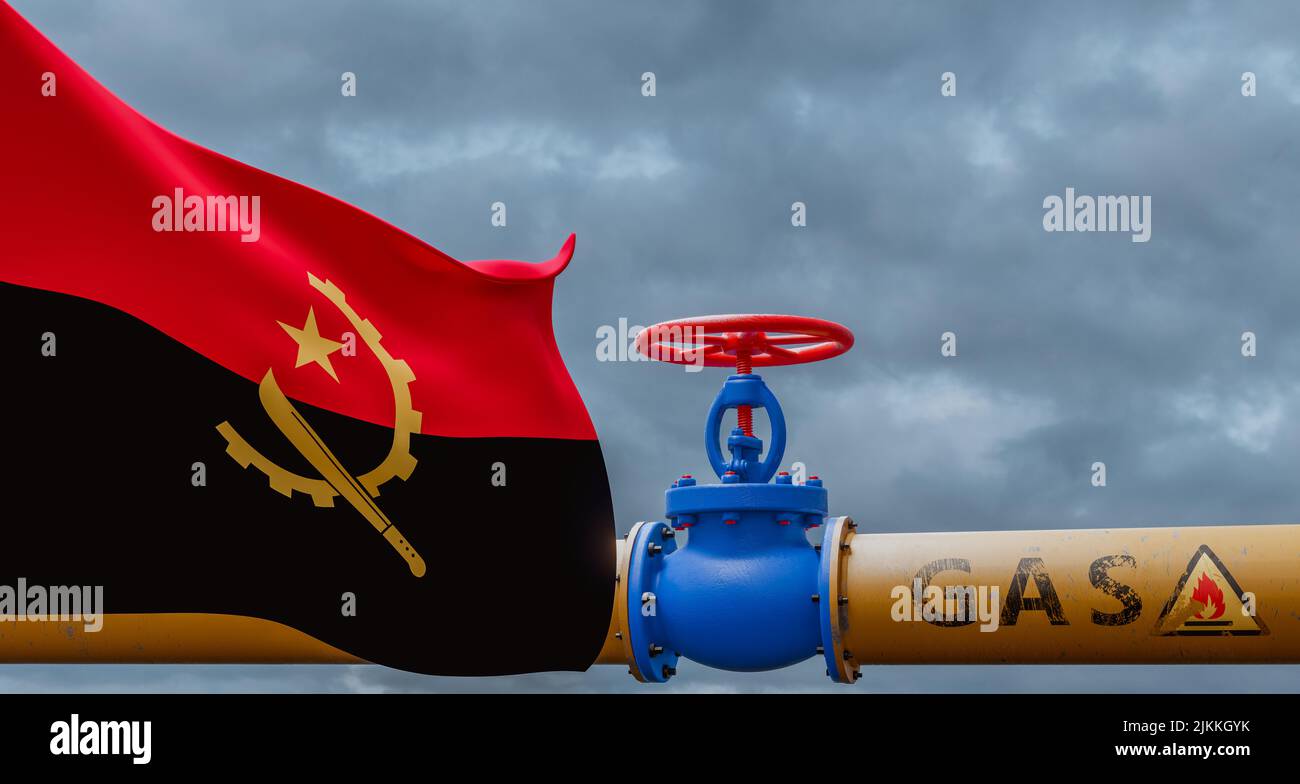 Angola gas, valve on the main gas pipeline Angola, Pipeline with flag Angola, Pipes of gas from Angola, 3D work and 3D image Stock Photo