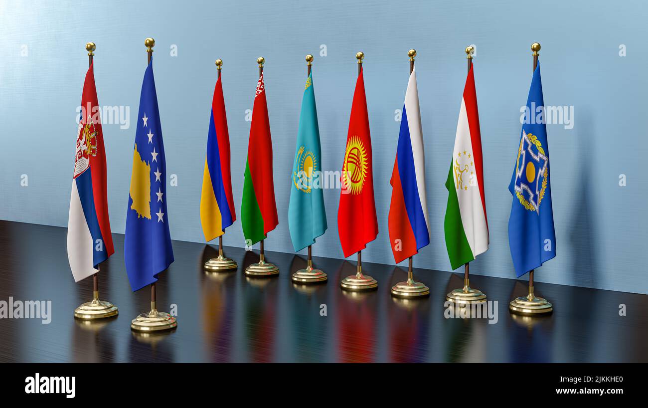 Flags of countries CSTO Collective Security Treaty Organization countries against war Serbia and Kosovo, Serbia flag, Kosovo flag, war Serbia Kosovo, Stock Photo