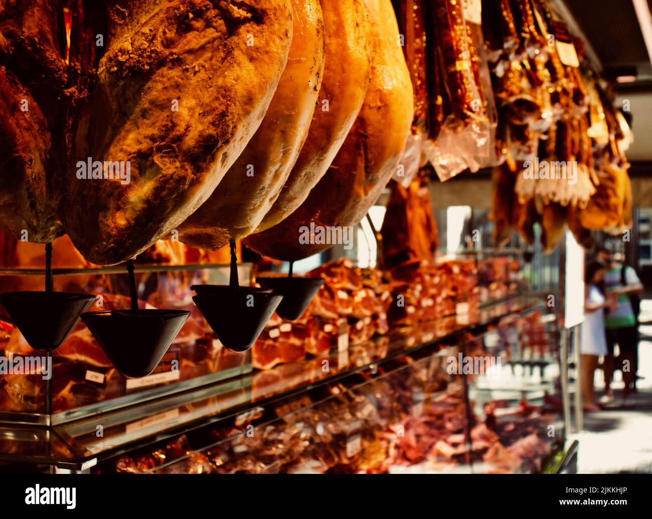 A refrigerated display case of a butcher shop Stock Photo