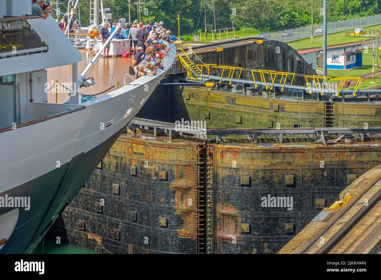 Cruise Ship Approaching Lock Gates, Panama Canal, Panama, Central America Stock Photo