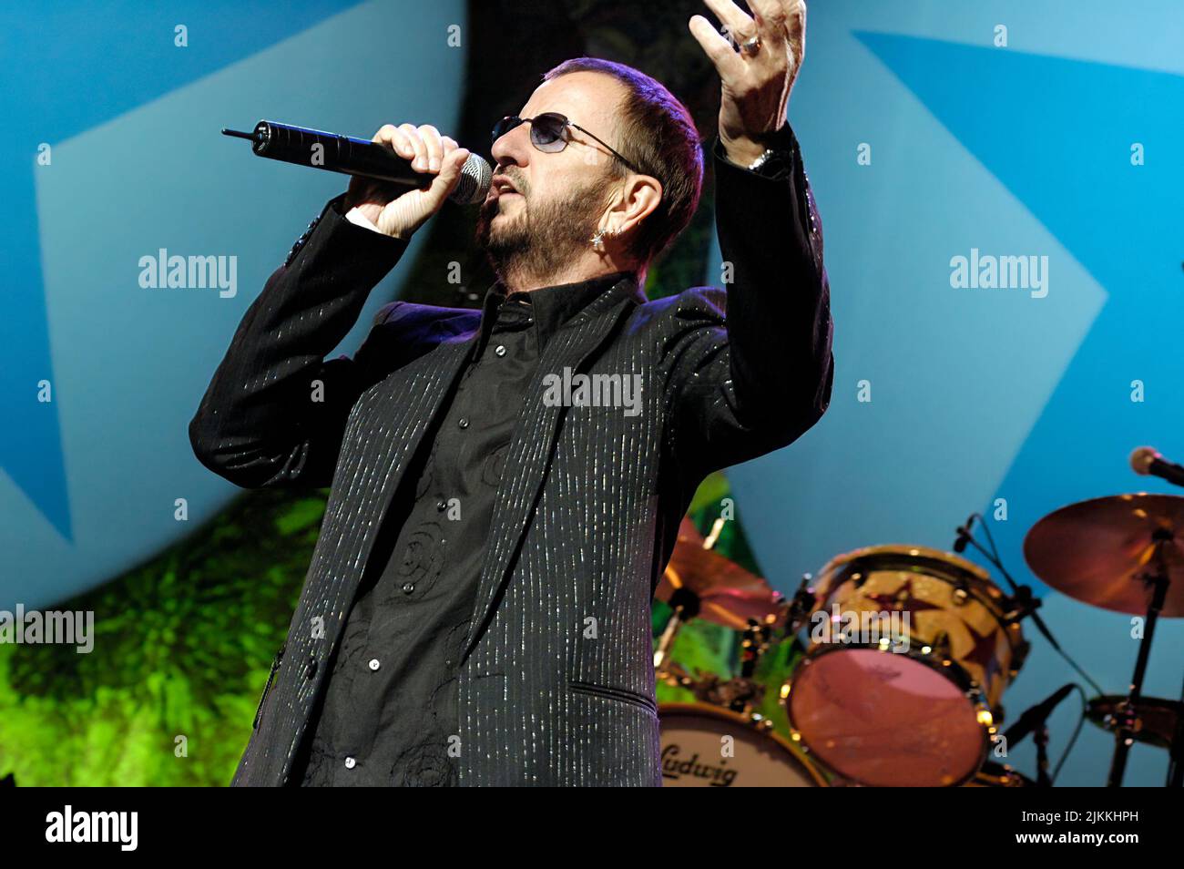 A closeup of Ringo Starr from The Beatles performing live with his All ...
