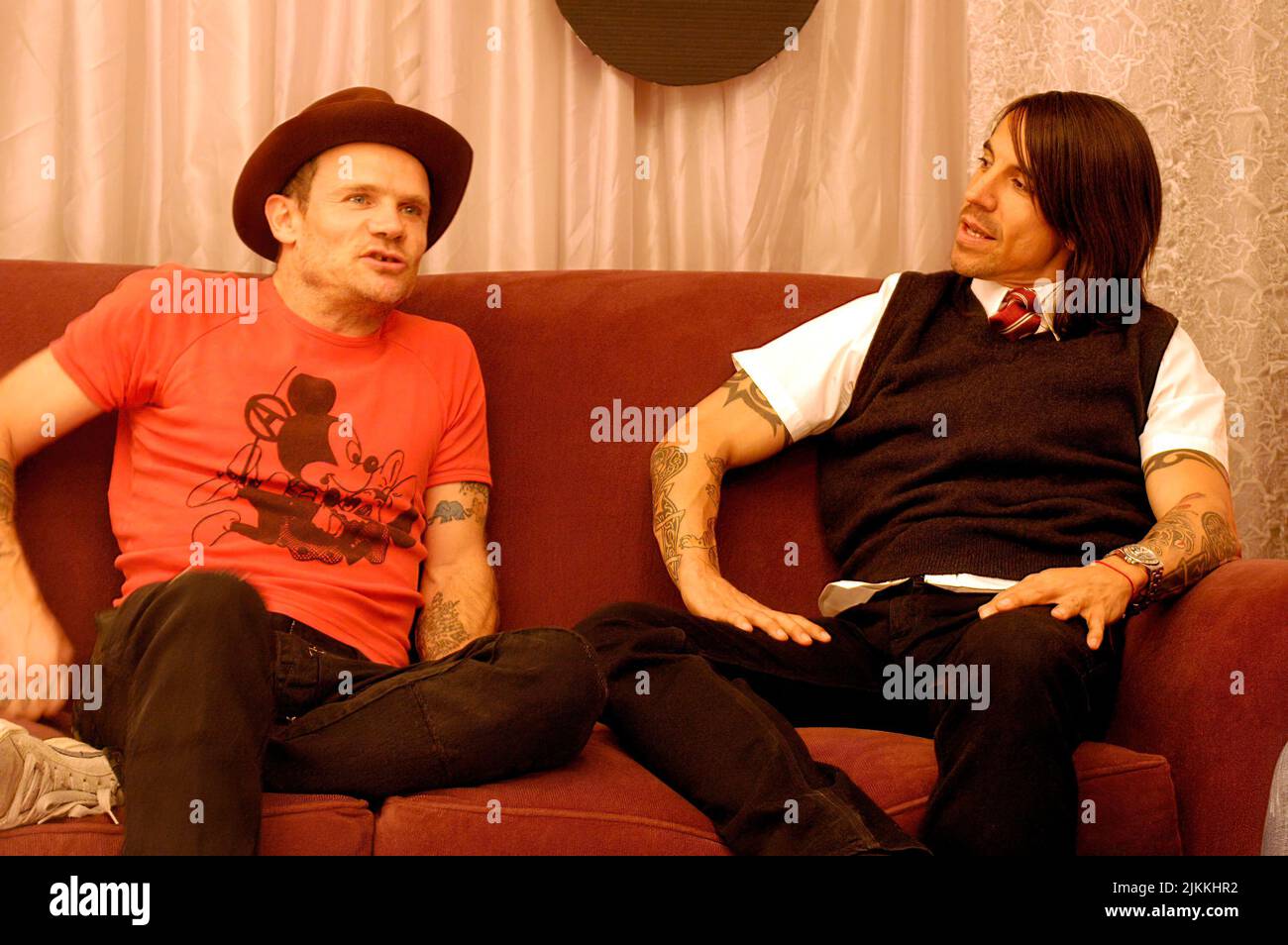 A closeup of Flea and Anthony Kiedis from Red Hot Chilli Peppers at an interview for CD USA Stock Photo