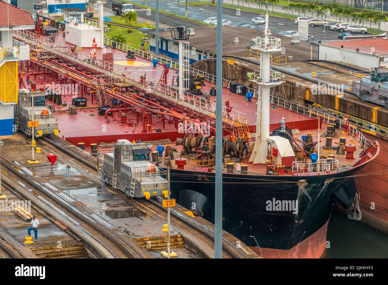 Ship Passing Through The Panama Canal, Panama, Central America Stock Photo
