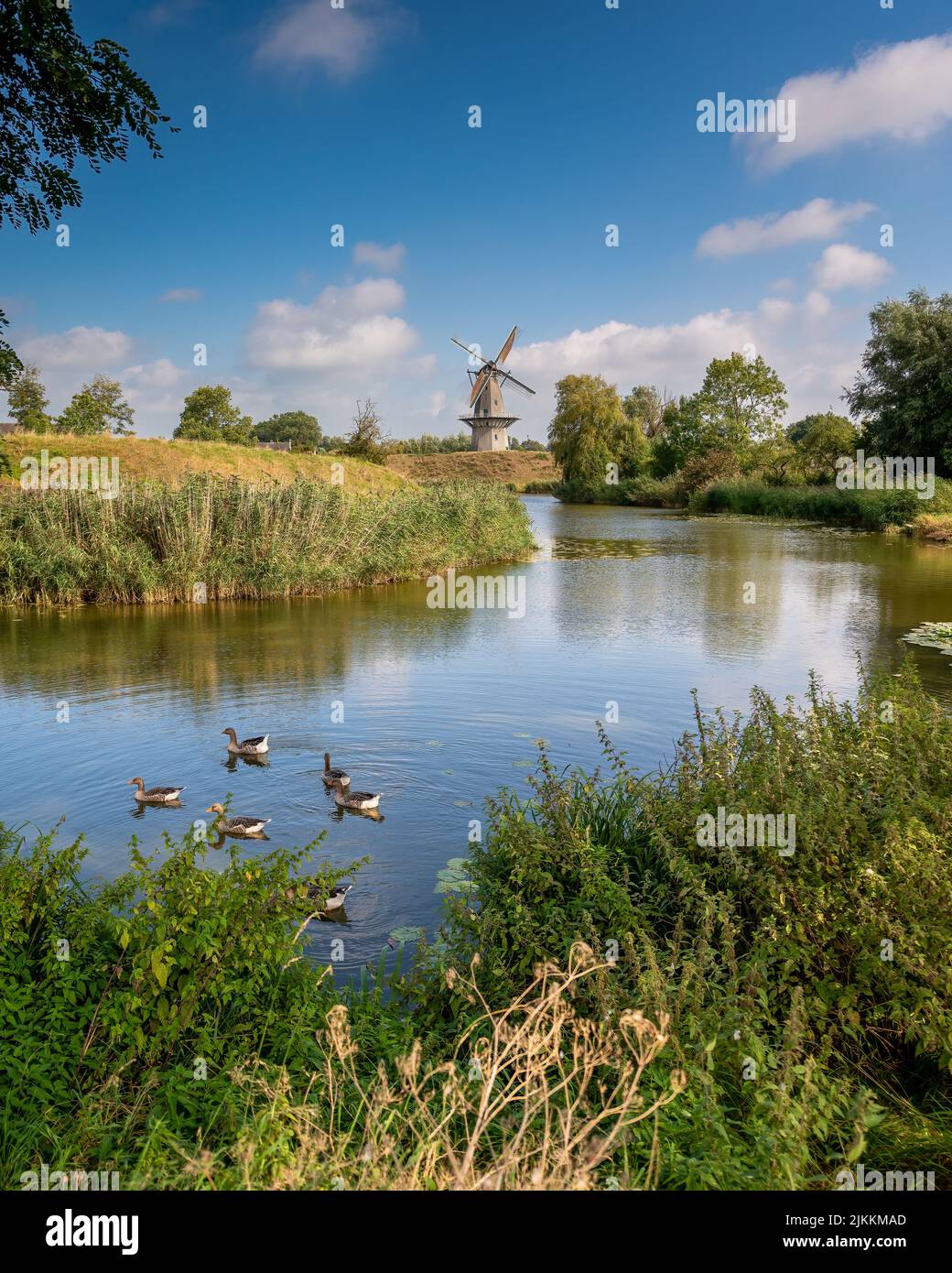 A beautiful view of lake water with wild grass around and a windmill in Woudrichem, Holland with blue sky Stock Photo