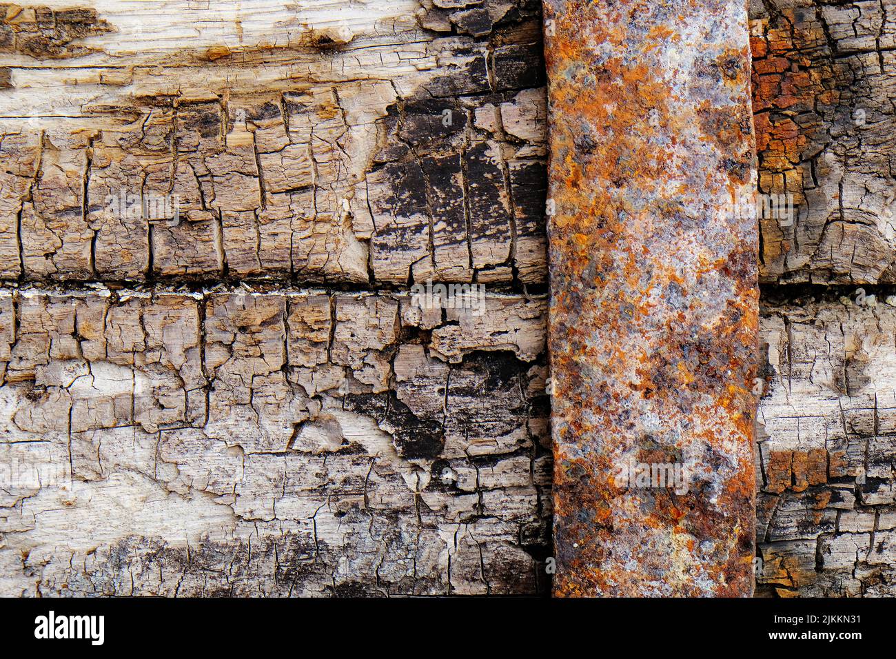 A closeup of the rusty iron on the aged deteriorated wooden door. Stock Photo