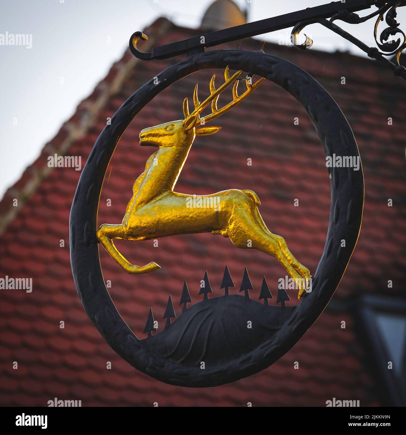 A close-up shot of a weather vane with a golden deer on the roof Stock ...