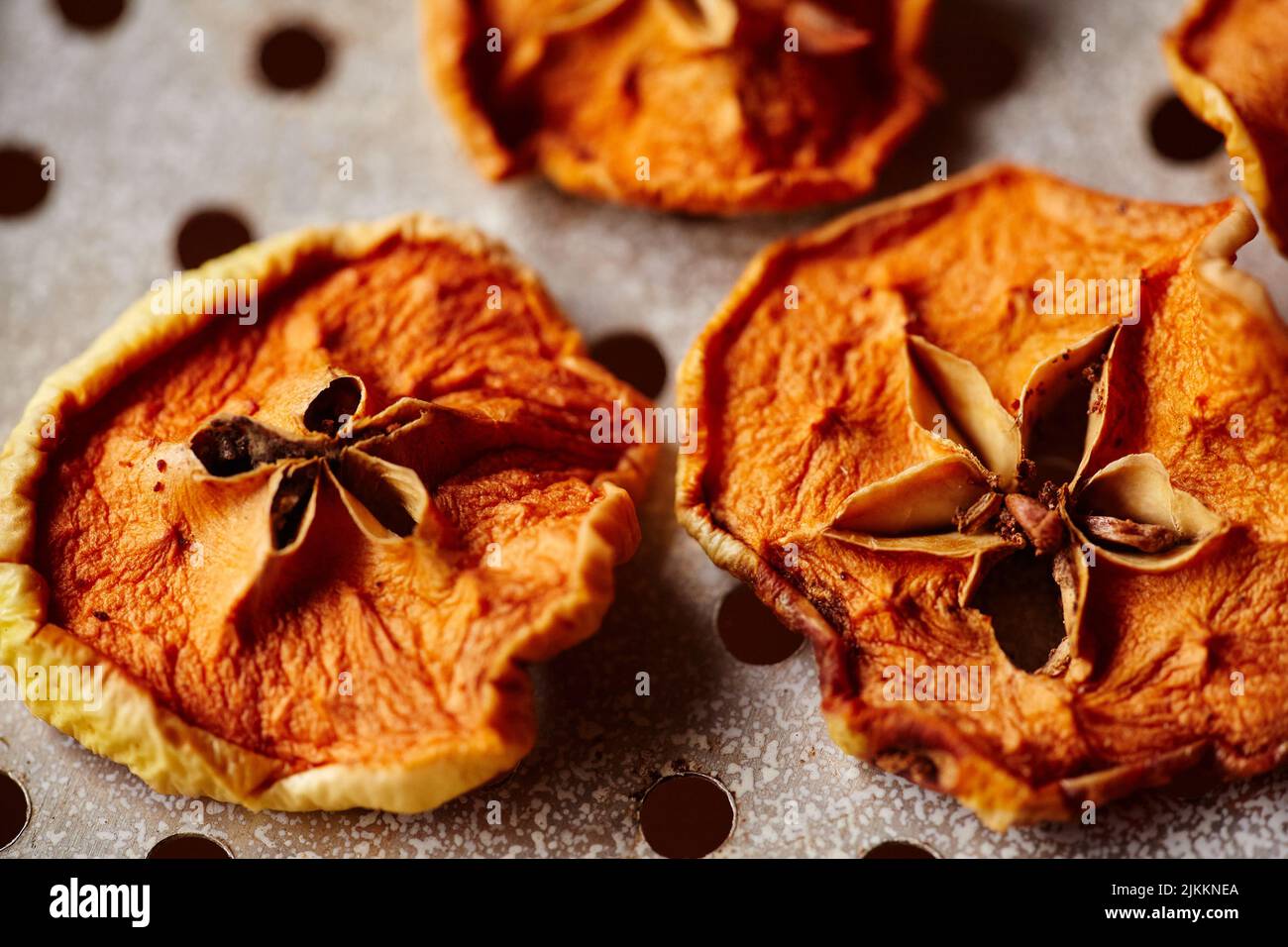 Dried Apple Slices Closeup. Drying Fruits at Home. Dried Apples